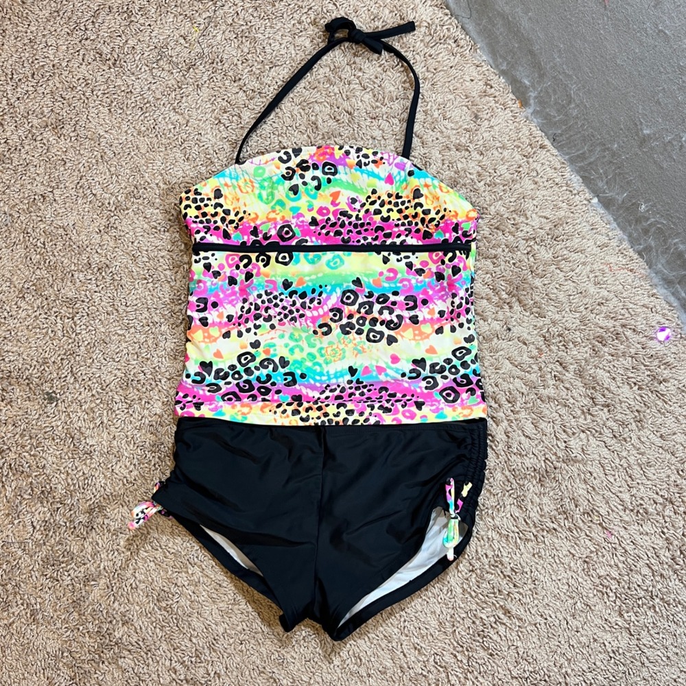 1004 |Breaking Waves Neon Leopard Print Halter Tankini Swimsuit Multi Girls 14.5